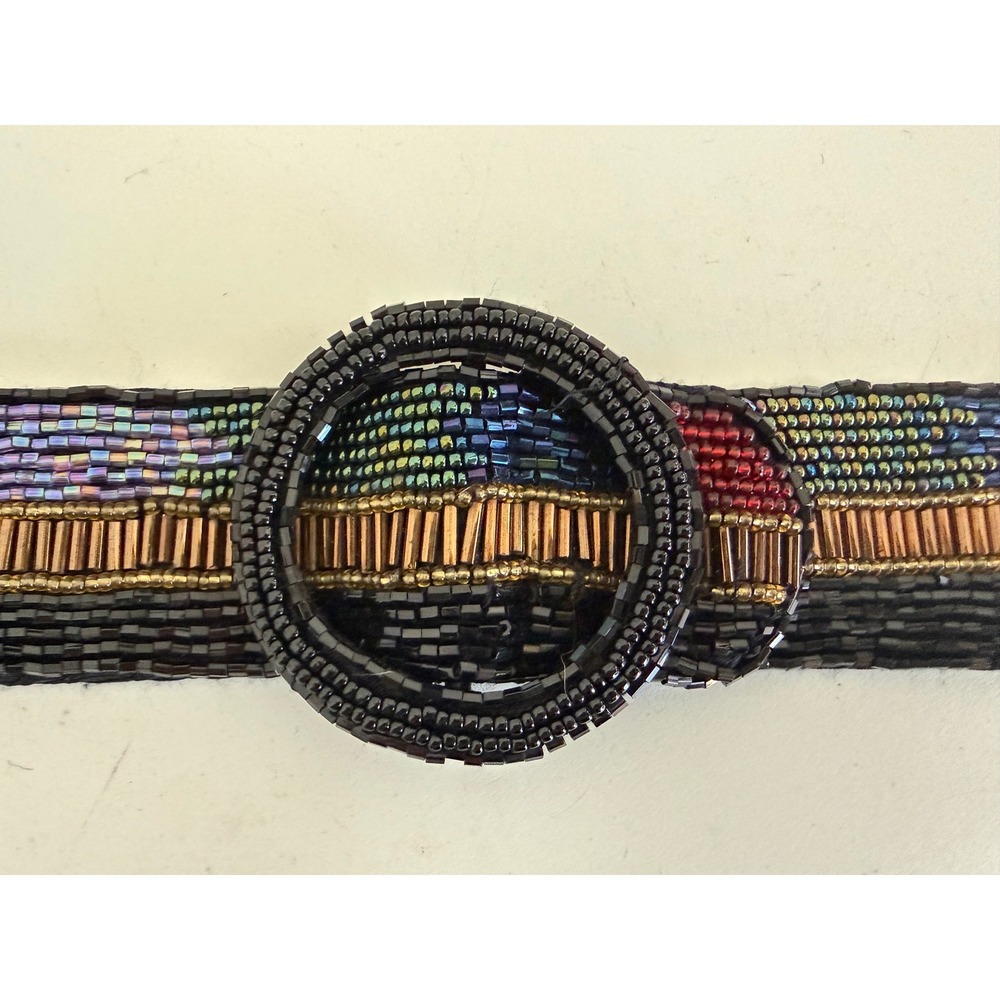 Vintage Fine Beaded Belt Multi Color Seed Bead Elastic Waist Statement Accessory